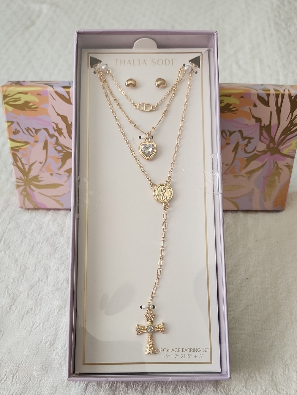Thalia Sodi Gold Tone Layered Cross & Heart Necklace Set | NWT|